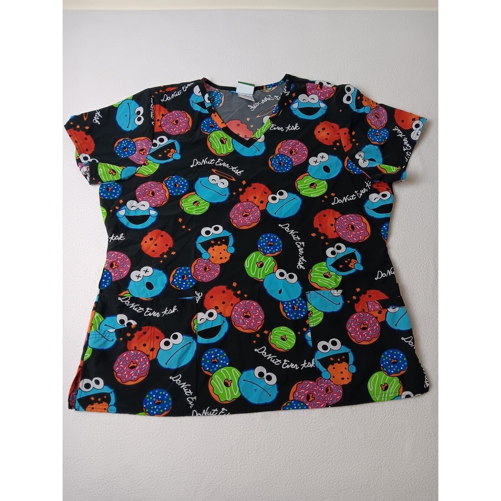 Sesame Street Womens XL Black Cookie Monster Tunic V-Neck Pockets Polyester